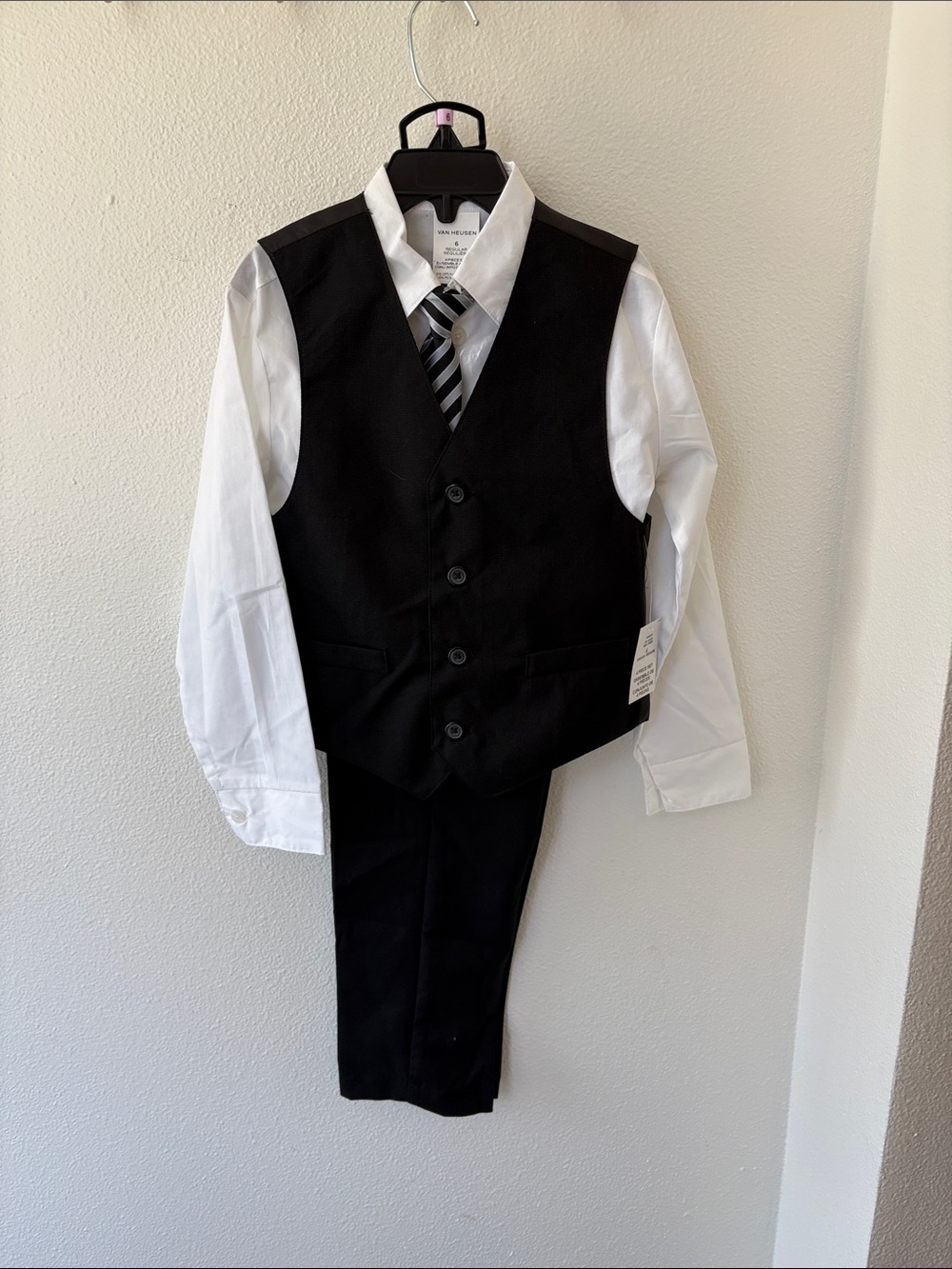 Boys Black Vest Suit Set with White Shirt and Grey/Black/White Striped Tie